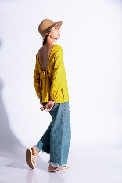 Knot Me Up | Yarn Dyed 100% Cotton | Mustard Yellow Deep Back Top with Bow – Womens Top on Brown Living™. SKU: UKU - XS. Img 2.