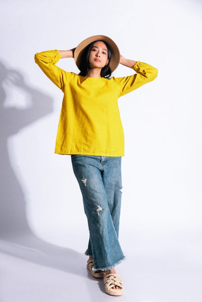 Knot Me Up | Yarn Dyed 100% Cotton | Mustard Yellow Deep Back Top with Bow – Womens Top on Brown Living™. SKU: UKU - XS. Img 10.