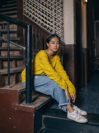 Knot Me Up | Yarn Dyed 100% Cotton | Mustard Yellow Deep Back Top with Bow – Womens Top on Brown Living™. SKU: UKU - XS. Img 8.