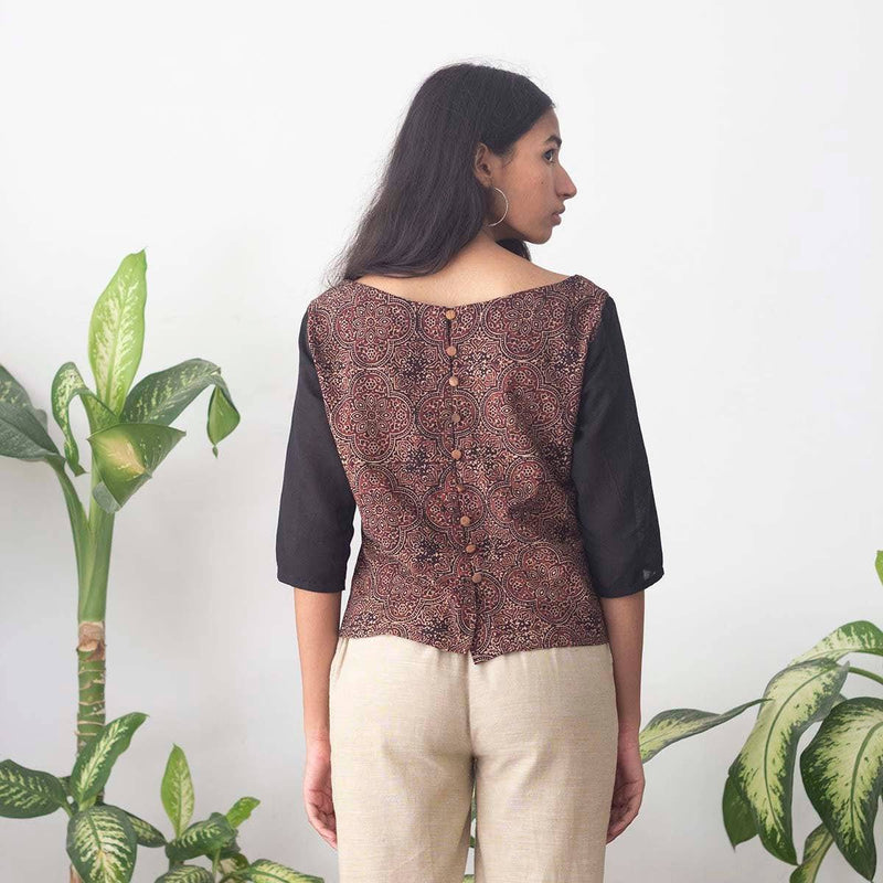 Buy Kokum Ajrakh Boatneck Top | Shop Verified Sustainable Womens Top on Brown Living™