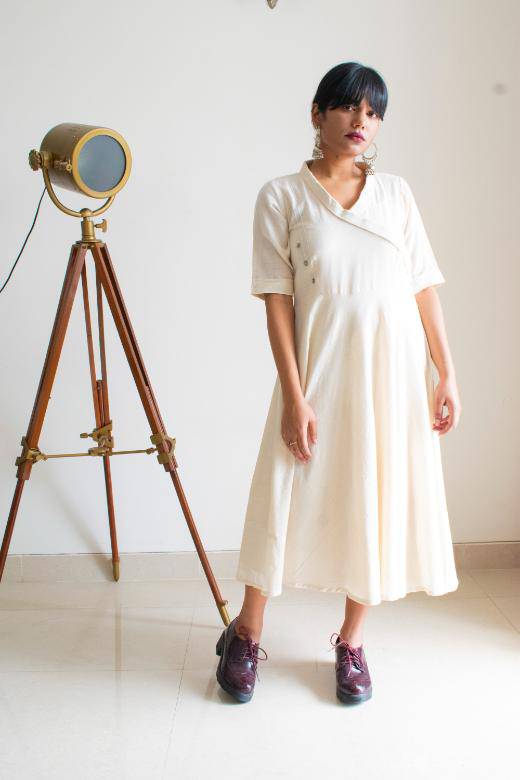 Kotpad Ivory Long Kantha Dress | Verified Sustainable by Brown Living™