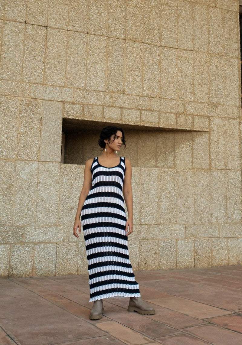 Buy Lara Dress - Hand Knitted Maxi Dress | Blue & White | Shop Verified Sustainable Womens Dress on Brown Living™