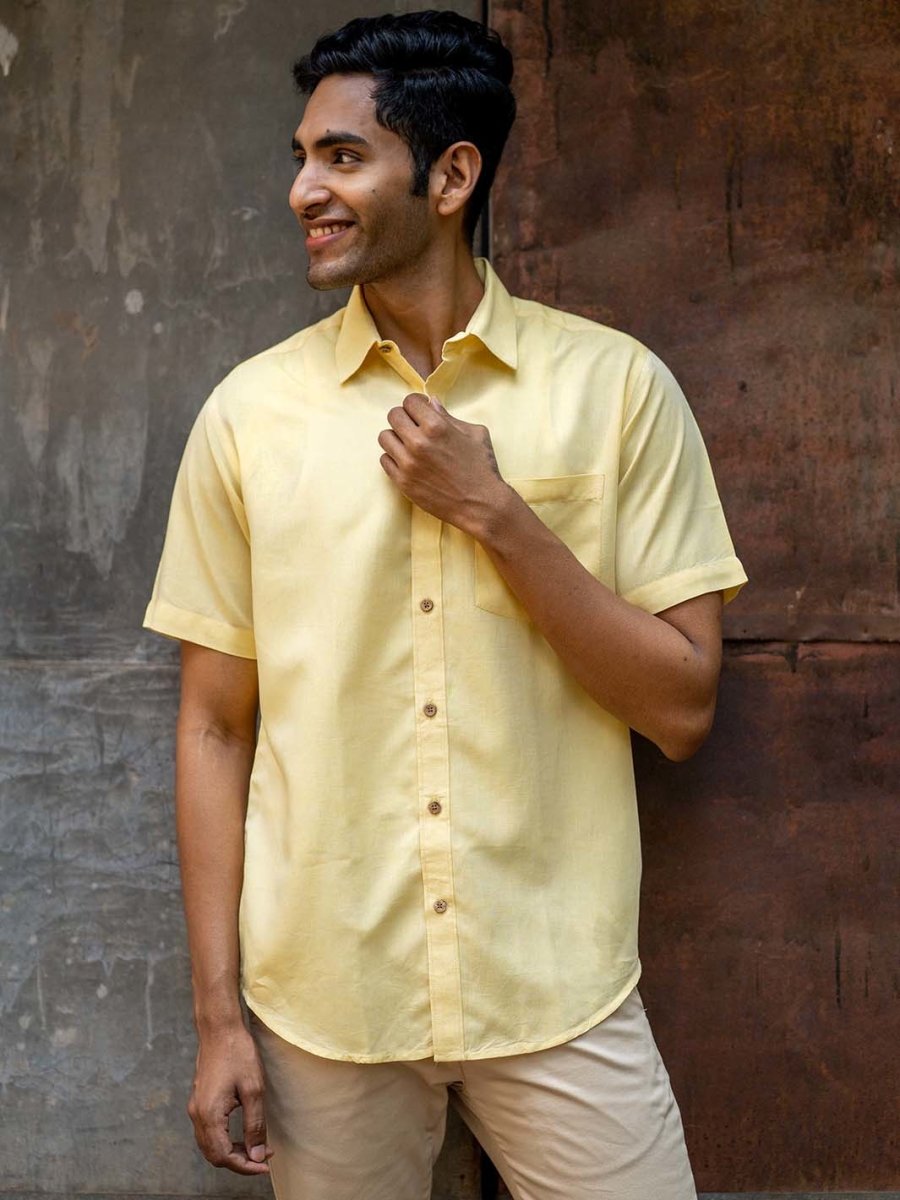 Lemon Yellow Half Sleeve Shirt in TENCEL™ Lyocell Linen | Verified Sustainable by Brown Living™