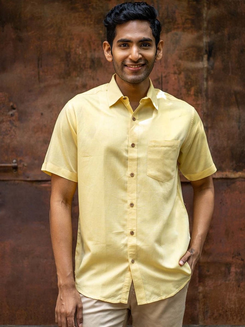 Buy Lemon Yellow Half Sleeve Shirt in TENCEL™ Lyocell Linen | Shop Verified Sustainable Mens Shirt on Brown Living™