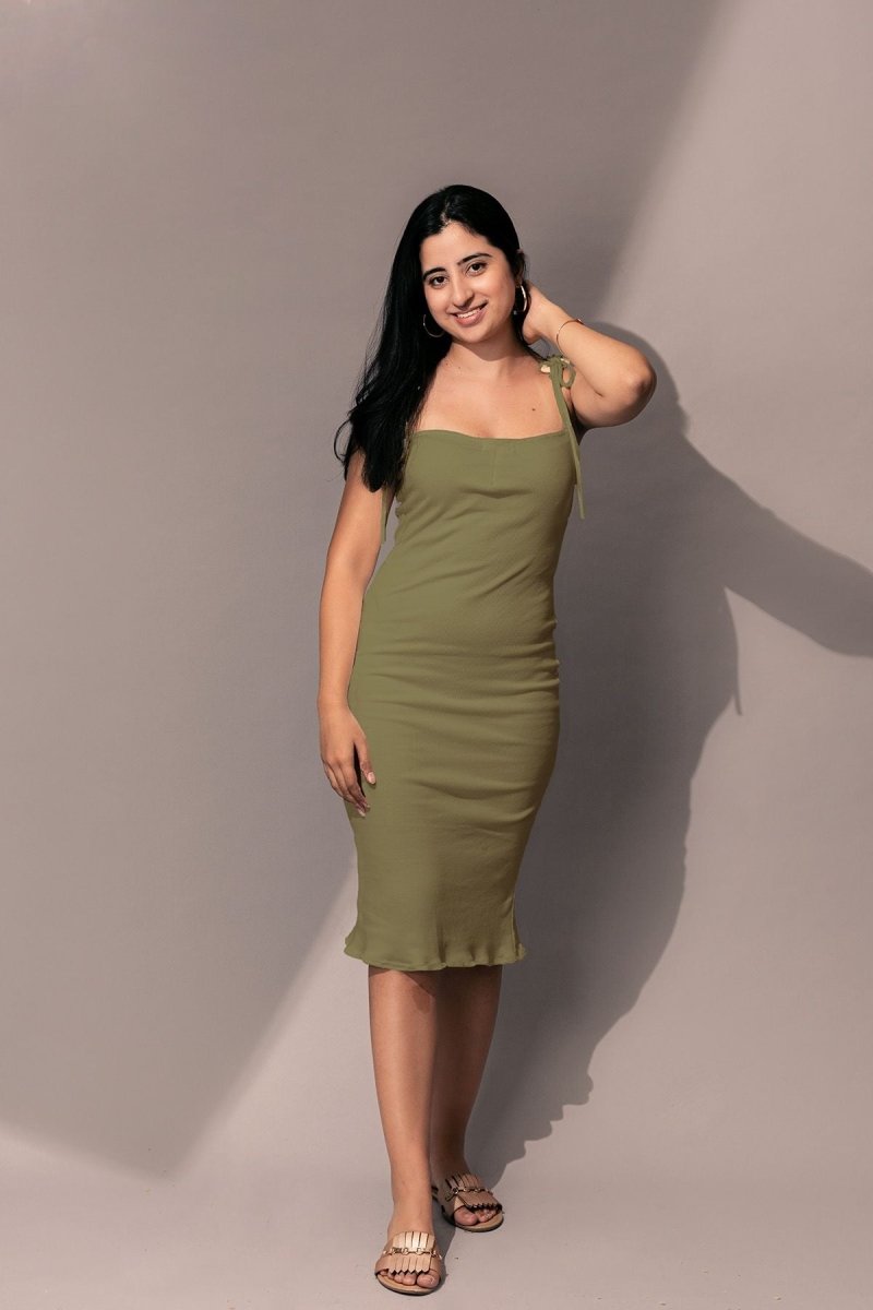 Buy Lia dress - Cotton Knit Spaghetti Strap Dress (Olive green) | Shop Verified Sustainable Womens Dress on Brown Living™