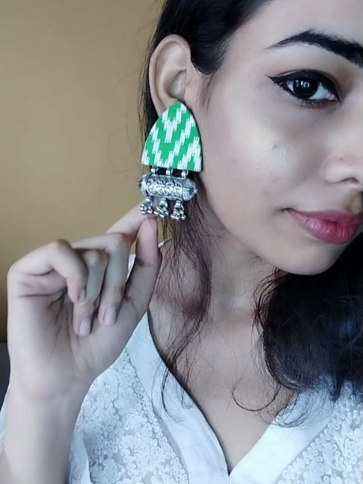 Buy Light Green Printed Fabric Ghungroo Earrings | Shop Verified Sustainable Womens earrings on Brown Living™