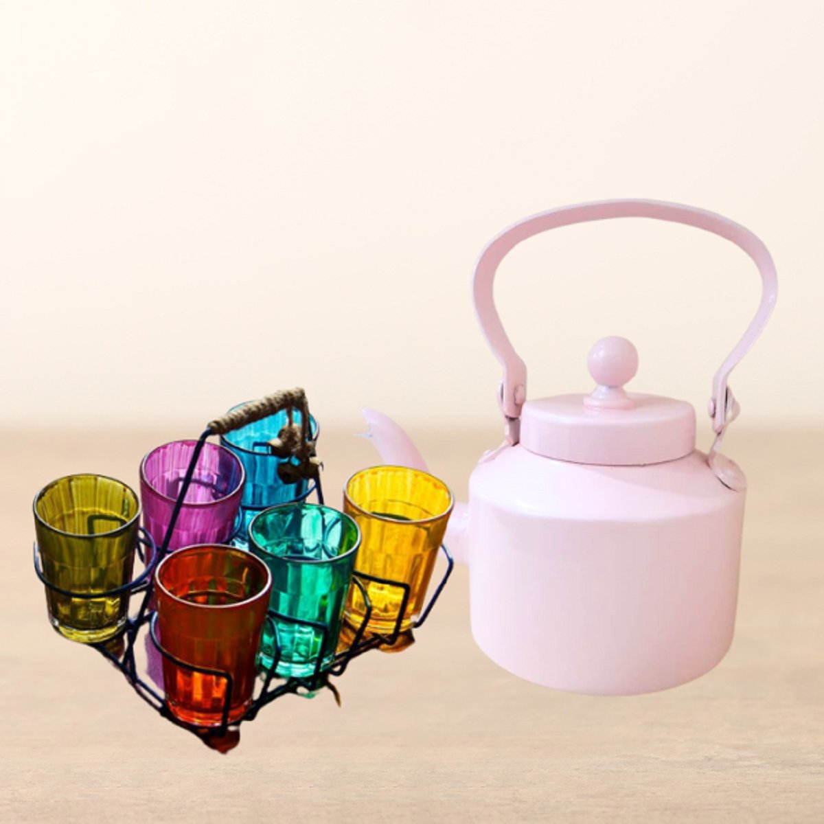 Light Pink Aluminium Kettle with Glass Set and Stand | Verified Sustainable by Brown Living™