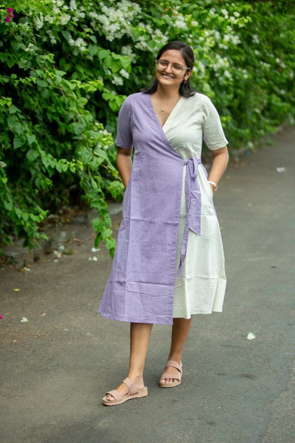 Buy Lilac Cream Khadi Wrap Dress | Shop Verified Sustainable Products on Brown Living