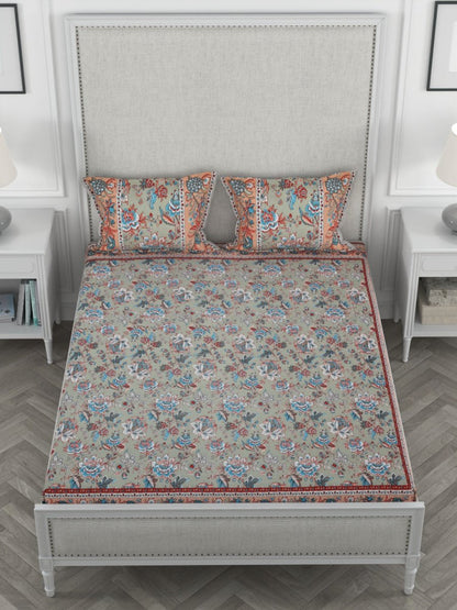 Lime Floral Print Pure Cotton King Size Bedsheet with 2 Pillow Covers | Verified Sustainable by Brown Living™