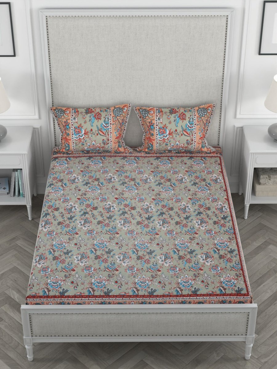 Lime Floral Print Pure Cotton King Size Bedsheet with 2 Pillow Covers | Verified Sustainable by Brown Living™