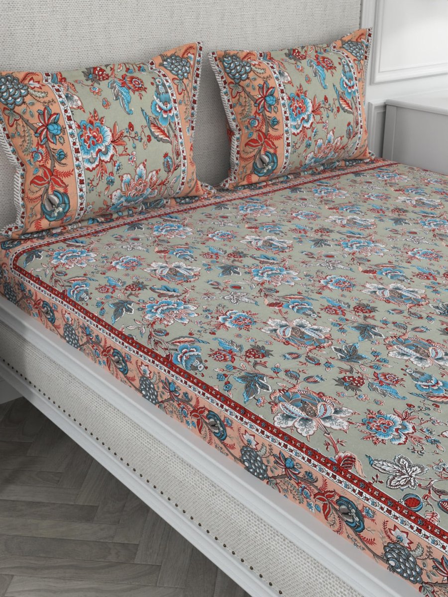 Lime Floral Print Pure Cotton King Size Bedsheet with 2 Pillow Covers | Verified Sustainable by Brown Living™