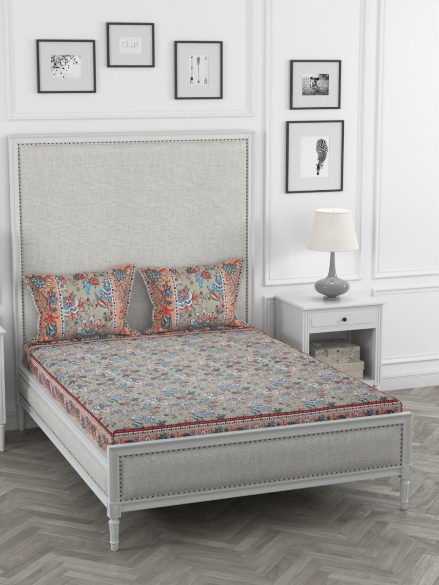 Lime Floral Print Pure Cotton King Size Bedsheet with 2 Pillow Covers | Verified Sustainable by Brown Living™