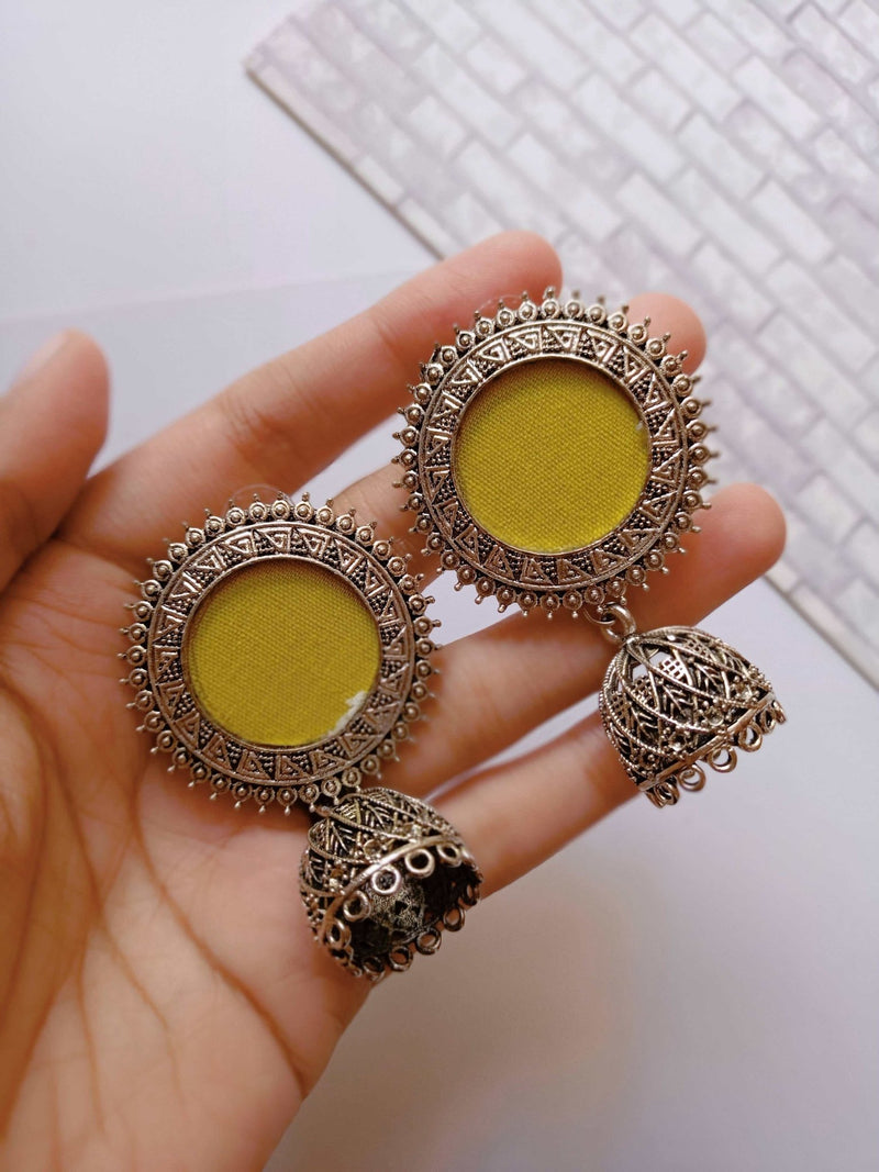 Lime Green with Silver Ring and Jhumka Earrings | Verified Sustainable Womens earrings on Brown Living™