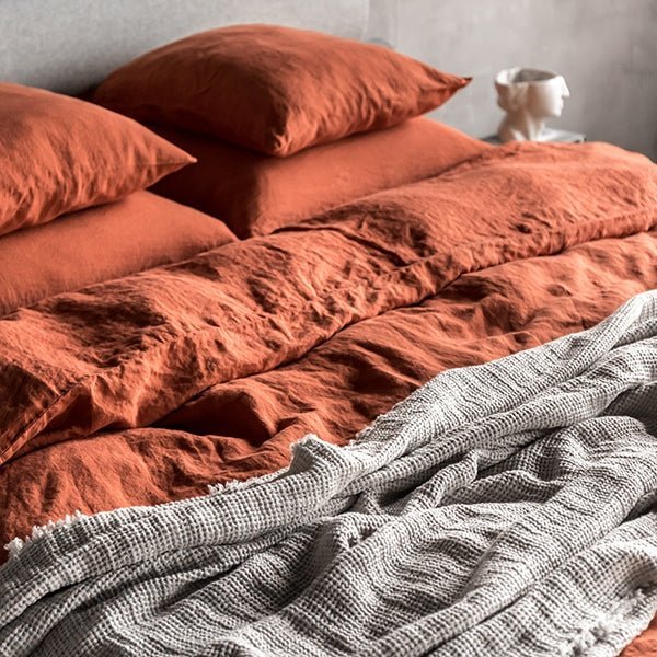 Buy Linen Bedding Set - Duvet Cover, Sheet and Pillow Cover | 4 Pc Set | Rust Orange | Shop Verified Sustainable Bedding on Brown Living™