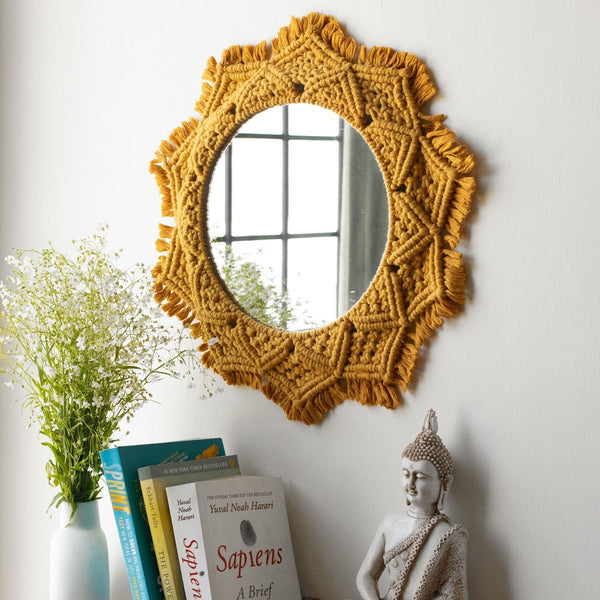 Buy Macrame Mirror - Mustard Yellow Color | Shop Verified Sustainable Wall Decor on Brown Living™