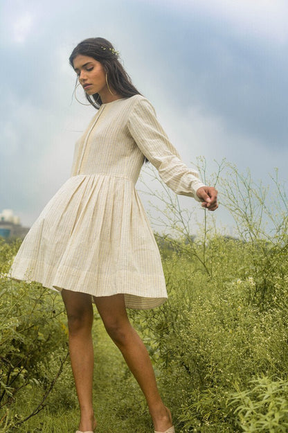 Madhu Dress - Off White + Light Blue Stripes | Verified Sustainable by Brown Living™