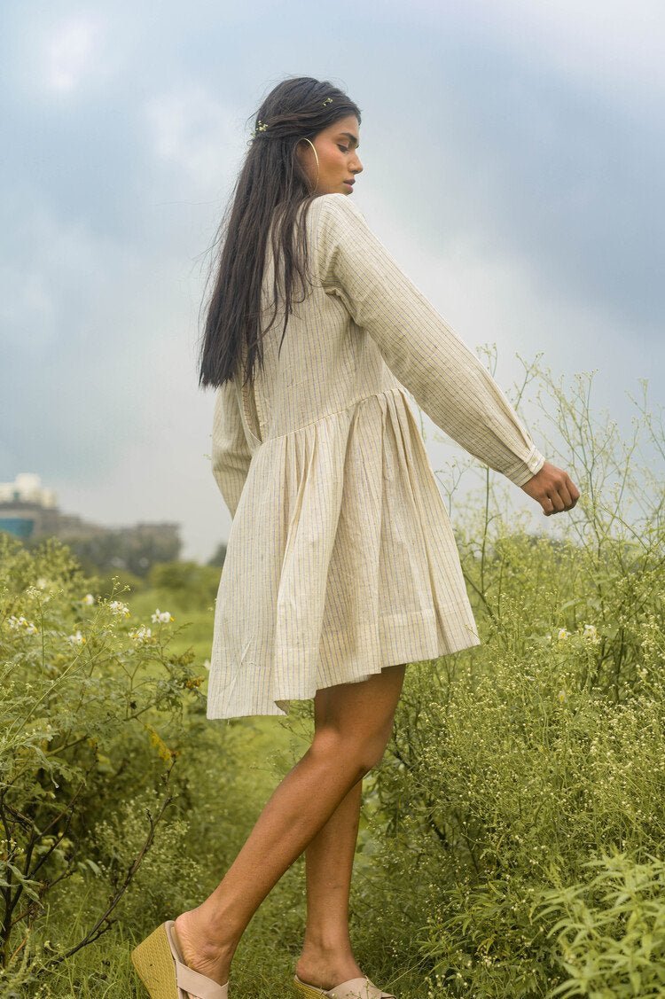 Madhu Dress - Off White + Light Blue Stripes | Verified Sustainable by Brown Living™