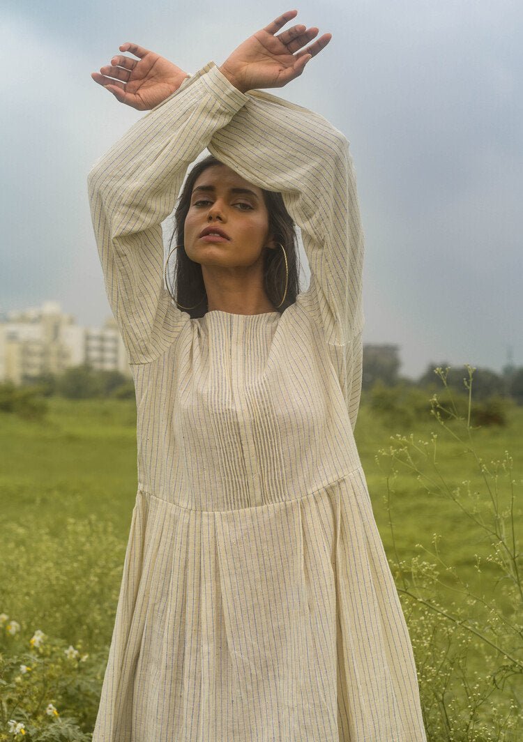 Madhu Dress - Off White + Light Blue Stripes | Verified Sustainable by Brown Living™