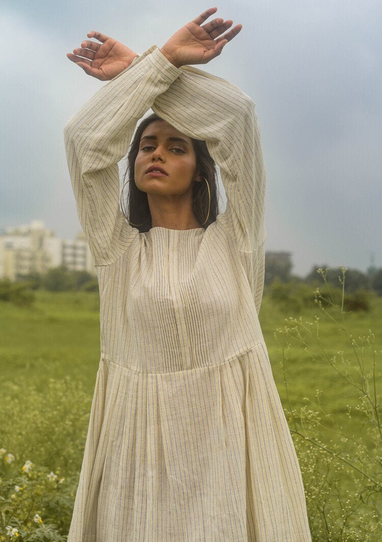 Buy Madhu Dress - Off White + Light Blue Stripes | Shop Verified Sustainable Womens Dress on Brown Living™