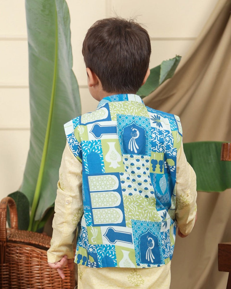 Buy Manara Boys Ethnic Bandi/Nehru Jacket- Blue and Green | Shop Verified Sustainable Products on Brown Living
