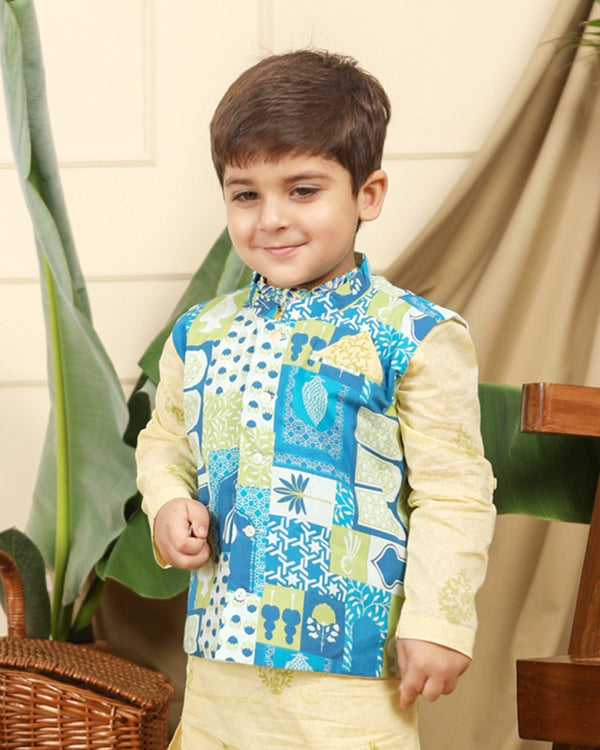 Buy Manara Boys Ethnic Bandi/Nehru Jacket- Blue and Green | Shop Verified Sustainable Kids Ethnic Sets on Brown Living™