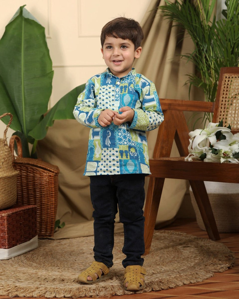 Buy Manara Boys Ethnic Cotton Short Kurta in Blue Print | Shop Verified Sustainable Kids Ethnic Sets on Brown Living™