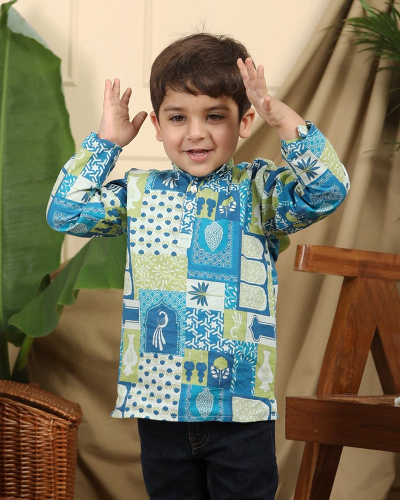 Buy Manara Boys Ethnic Cotton Short Kurta in Blue Print | Shop Verified Sustainable Products on Brown Living