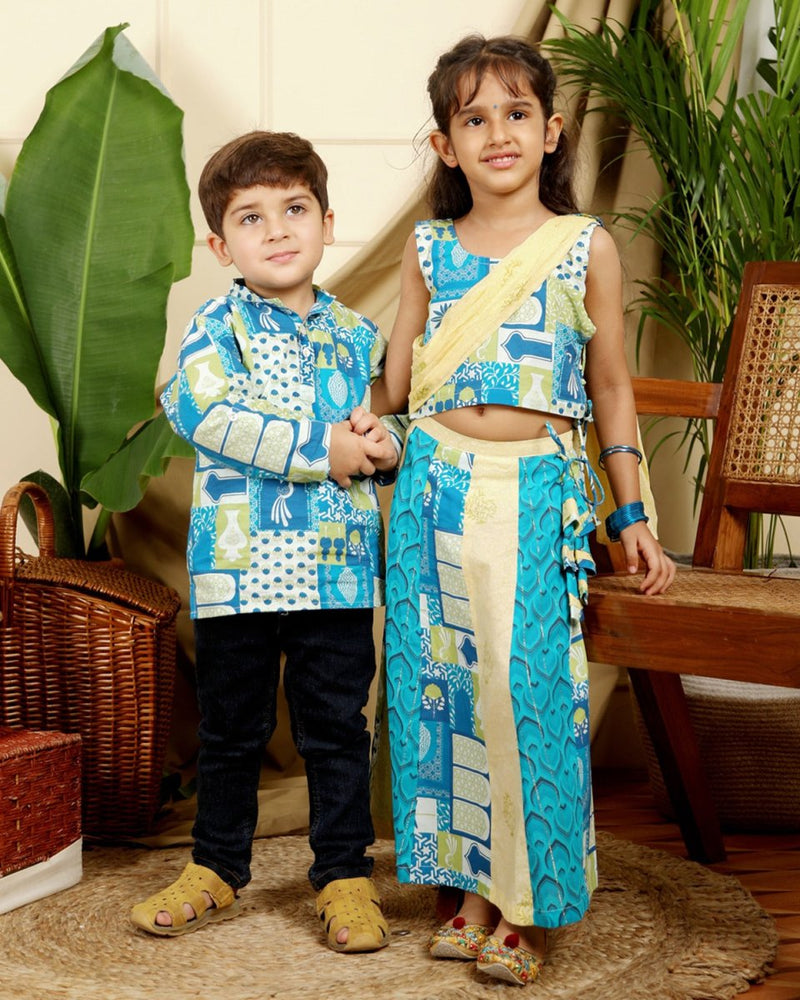 Buy Manara Girls Ethnic Cotton Kali Lehenga Set with Dupatta | Shop Verified Sustainable Kids Ethnic Sets on Brown Living™