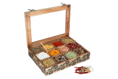 Mango Wood Table Top Masala Dabba Containers Jars (Light Black) – Kitchen Organizers on Brown Living™. SKU: 1185. Img 1.