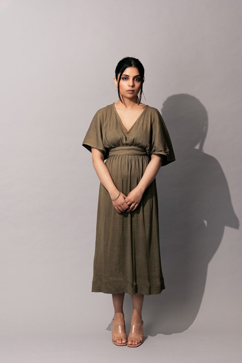 Manuela Dress | Cotton Eco - Printed Kaftaan Style Dress (Olive green) | Verified Sustainable by Brown Living™