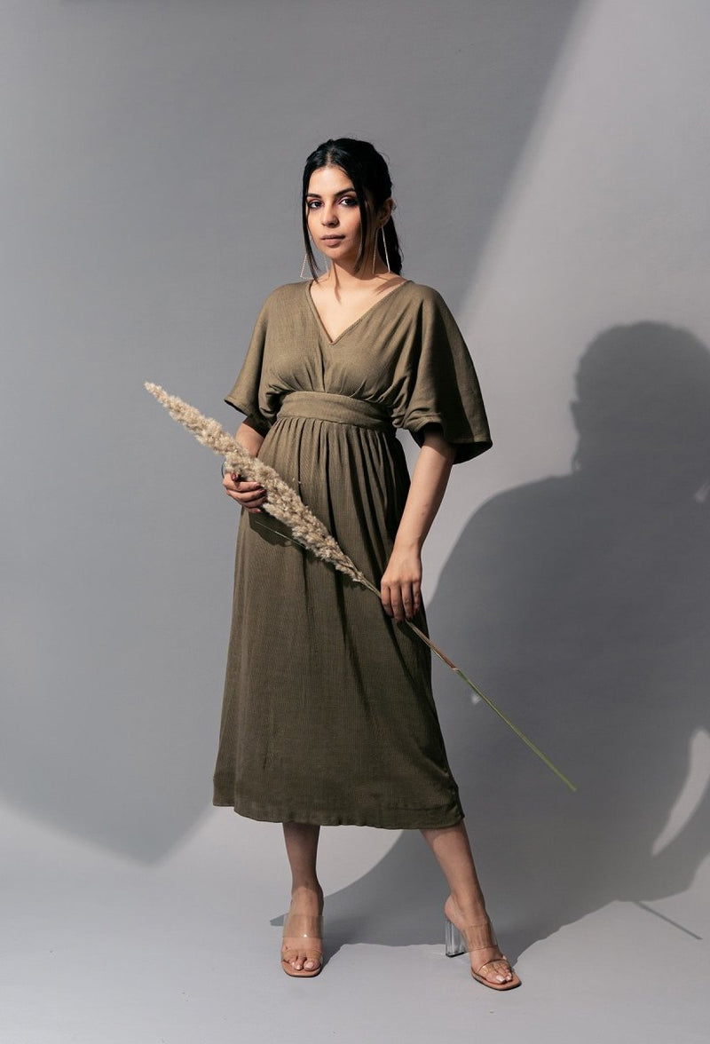 Manuela Dress | Cotton Eco - Printed Kaftaan Style Dress (Olive green) | Verified Sustainable by Brown Living™