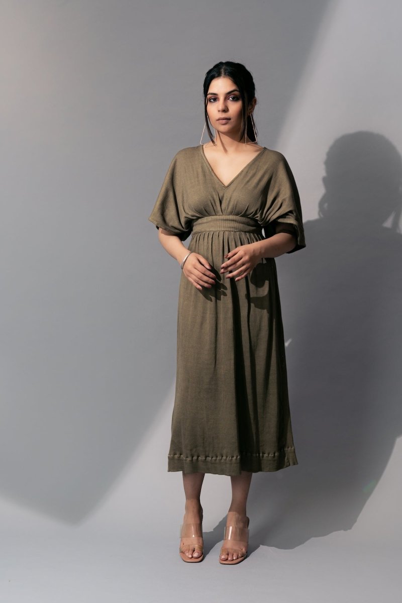 Buy Manuela Dress | Cotton Eco-Printed Kaftaan Style Dress (Olive green) | Shop Verified Sustainable Womens Dress on Brown Living™