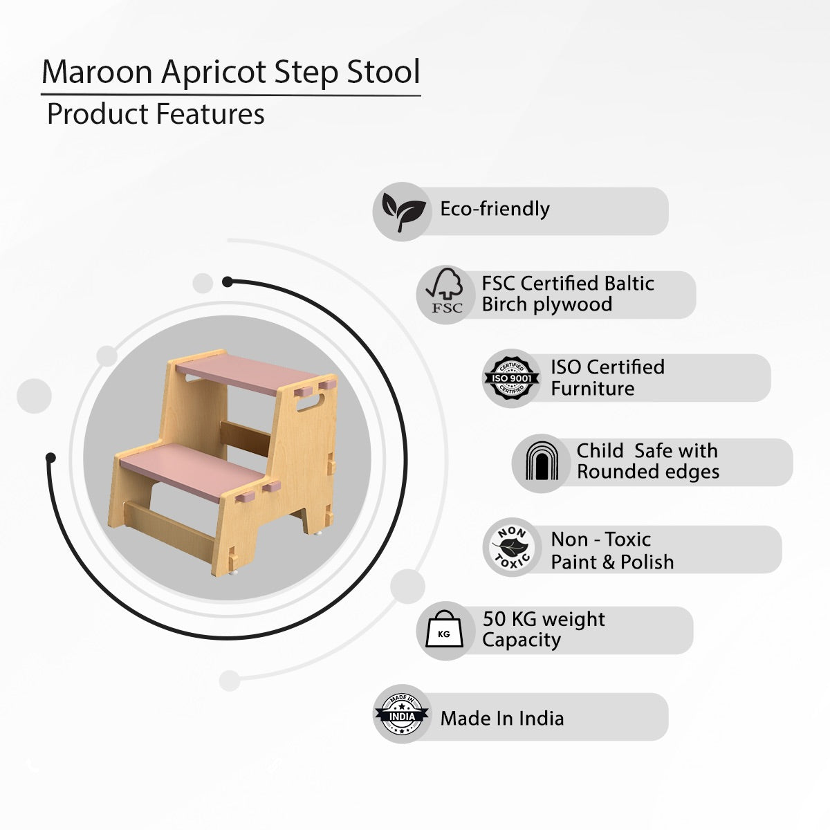 Maroon Apricot |Wooden Step Stool | Verified Sustainable by Brown Living™