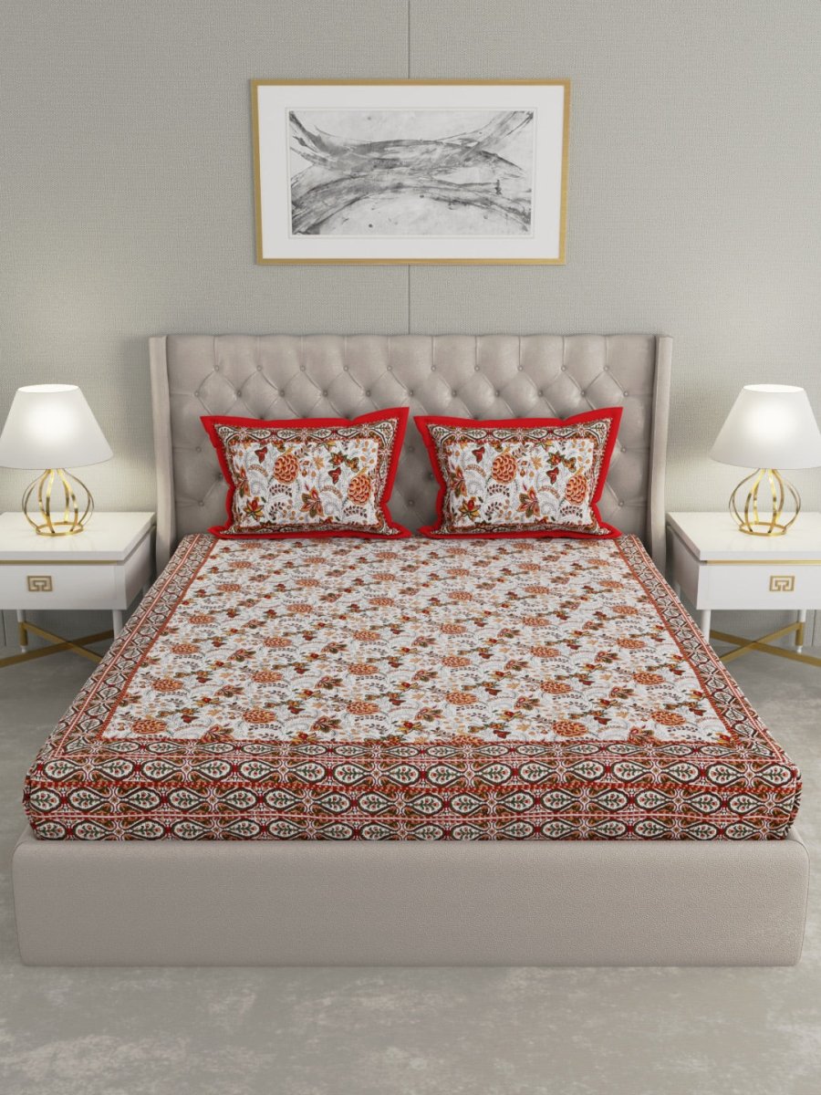 Maroon Hand Block Floral Print Pure Cotton King Size Bedding Set | Verified Sustainable by Brown Living™