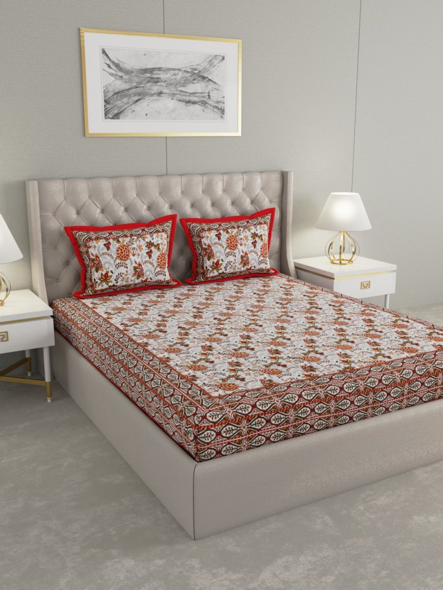 Maroon Hand Block Floral Print Pure Cotton King Size Bedding Set | Verified Sustainable by Brown Living™