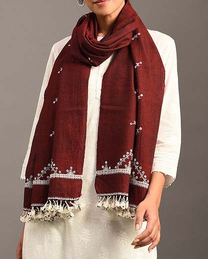 Maroon Handwoven Wool Stole with Mirror Embroidery | Verified Sustainable by Brown Living™