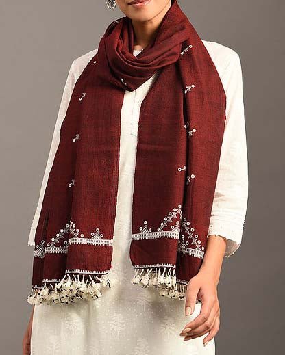 Buy Maroon Handwoven Wool Stole with Mirror Embroidery | Shop Verified Sustainable Products on Brown Living