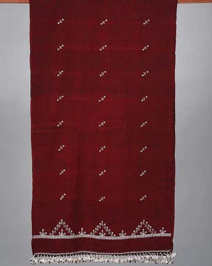 Maroon Handwoven Wool Stole with Mirror Embroidery | Verified Sustainable by Brown Living™