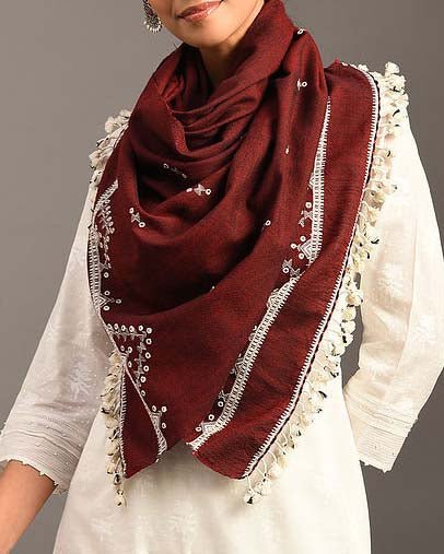 Maroon Handwoven Wool Stole with Mirror Embroidery | Verified Sustainable by Brown Living™