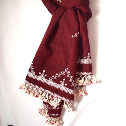 Maroon Handwoven Wool Stole with Mirror Embroidery | Verified Sustainable by Brown Living™