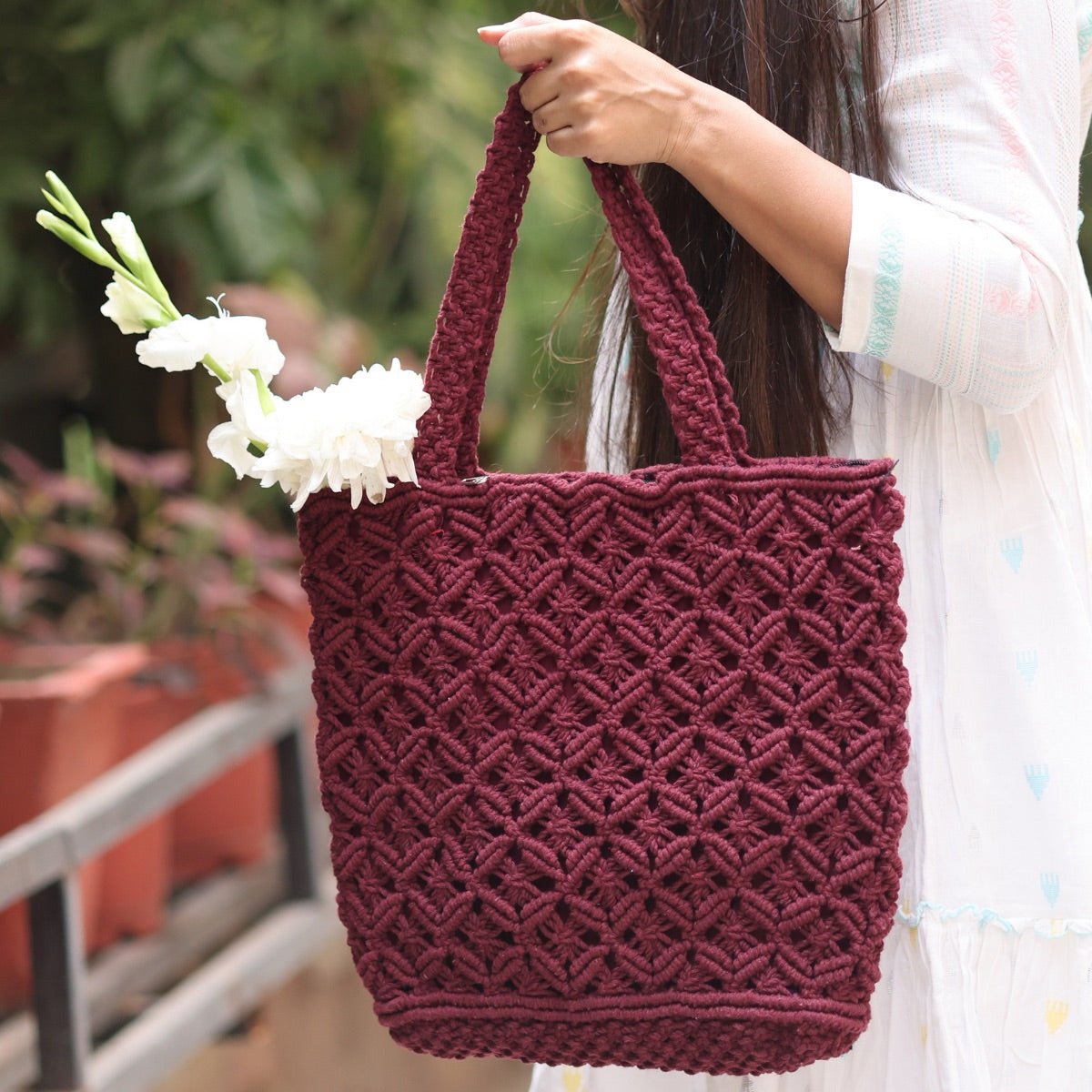 Maroon Macrame Tote Bag | Verified Sustainable by Brown Living™