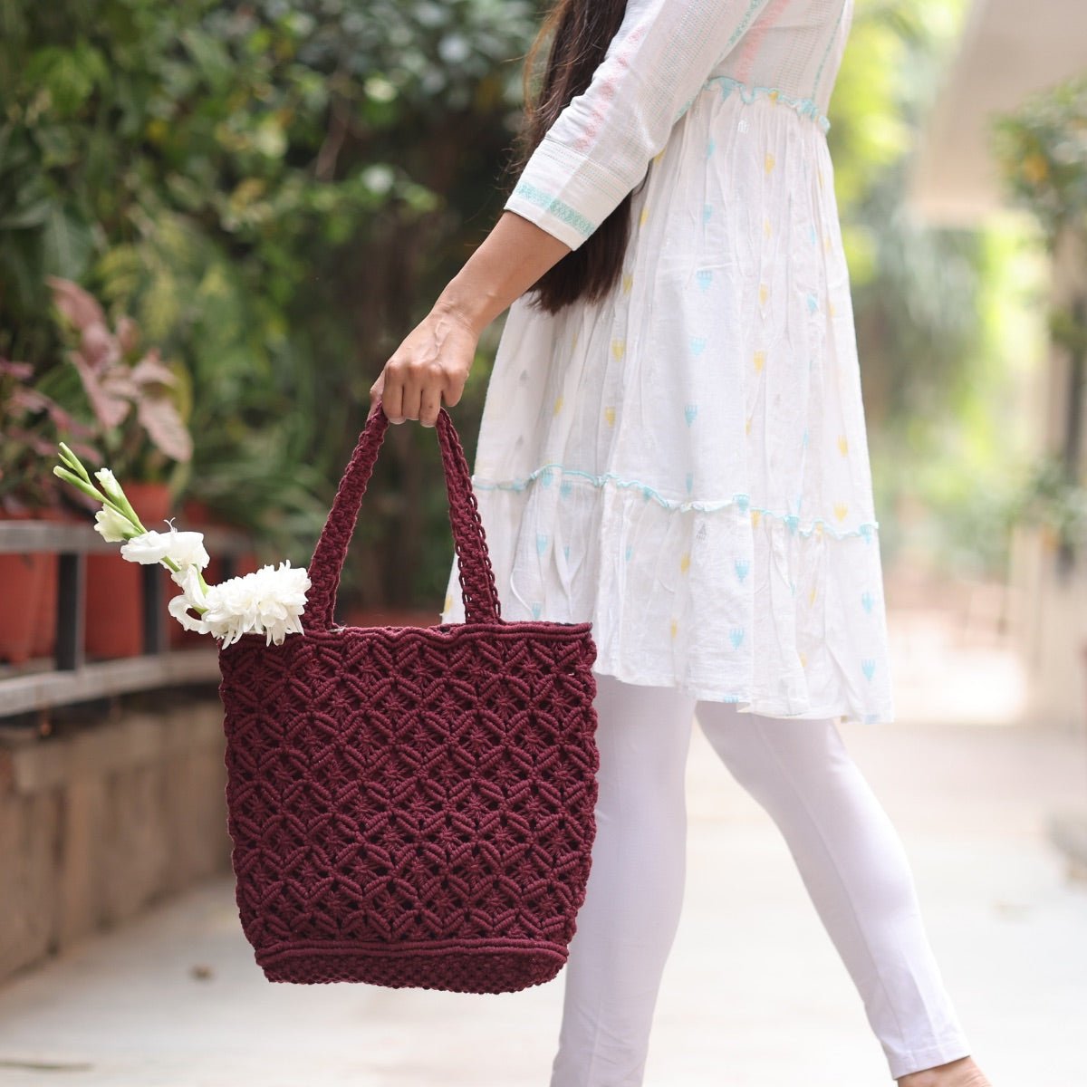 Maroon Macrame Tote Bag | Verified Sustainable by Brown Living™