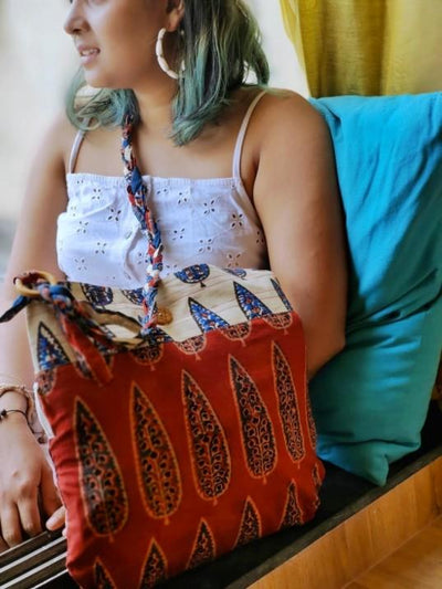 Maroon & Off - White Hand Block Printed Braided Ethnic Sling Bags – Tote Bag on Brown Living™. SKU: 076 - 16635 - AS - BPBG - 003. Img 3.