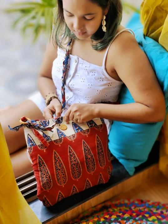 Maroon & Off - White Hand Block Printed Braided Ethnic Sling Bags | Verified Sustainable by Brown Living™