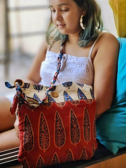 Maroon & Off - White Hand Block Printed Braided Ethnic Sling Bags | Verified Sustainable by Brown Living™