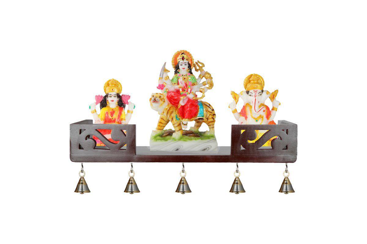 MDF Home Temple Decorative Shelf 45 x 15 x 8.5 cm with 5 Brass Bells | Verified Sustainable by Brown Living™