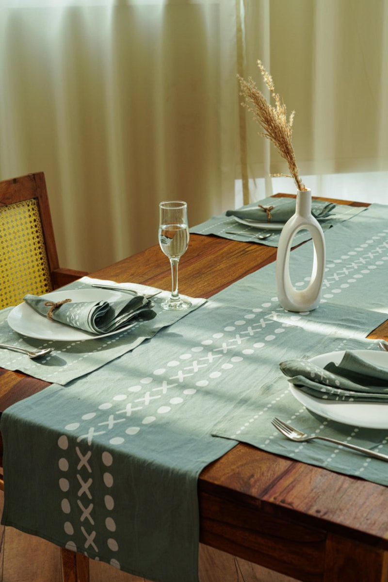 Buy Meethu - Mint Green Table Runner | Block Printed | Pure Hemp | Shop Verified Sustainable Products on Brown Living