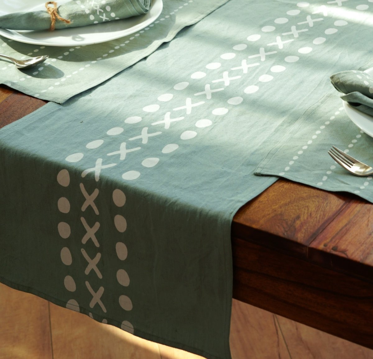 Meethu - Mint Green Table Runner | Block Printed | Pure Hemp | Verified Sustainable by Brown Living™