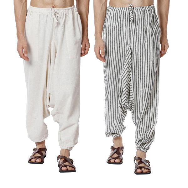 Buy Men's Harem Pants Pack of 2 | Cream & White Stripes | Waist Size 26 to 38 inches | Shop Verified Sustainable Mens Pyjama on Brown Living™