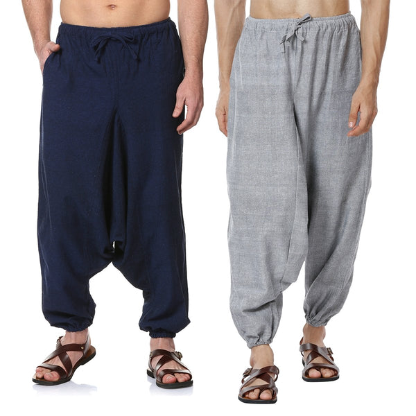 mens combo pack of 2 harem pants dark blue grey gsm 170 free size at21at23 mens pyjama brown living